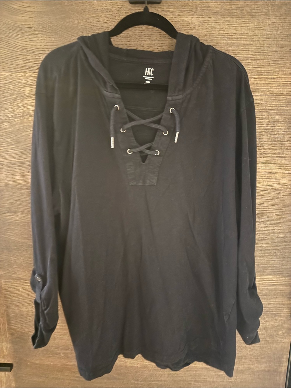 INC International Concepts Black Lace-Up Hooded Long Sleeve Top